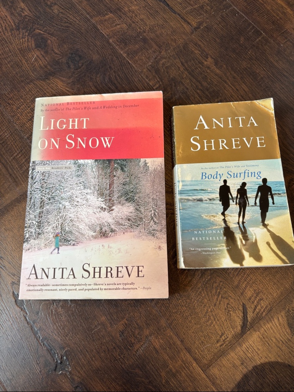 Anita Shreve Paperback Set - Light on Snow & Body Surfing - Red, Gold, Cream